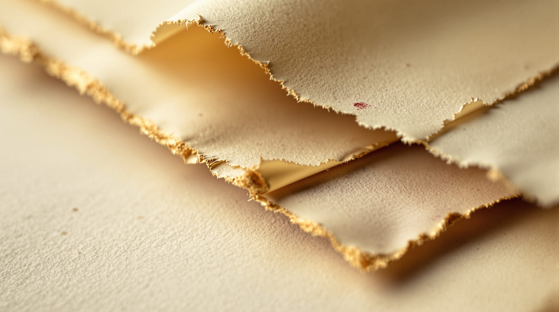 Abstract close view of stacked aged parchment sheets with a softly gilded edge