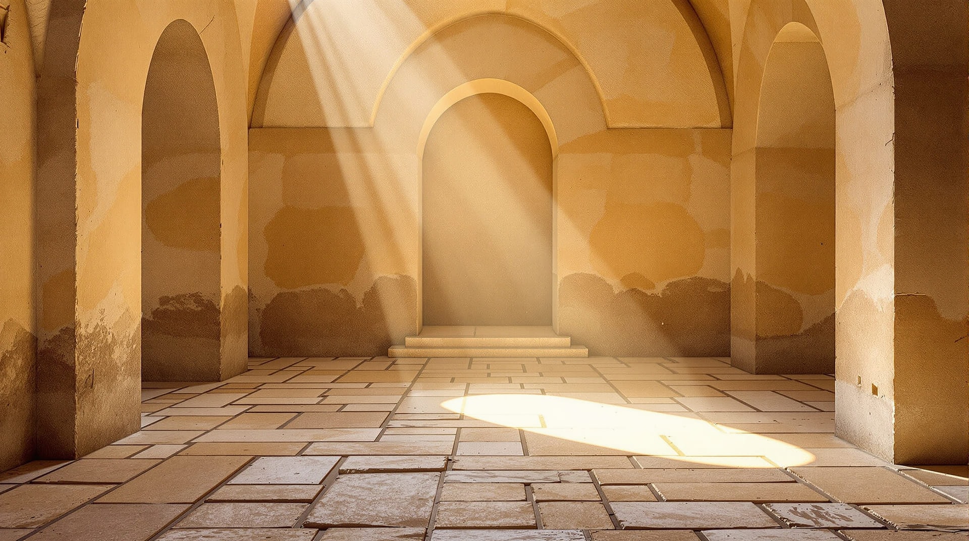 A shaft of morning light crossing the stone floor of a vaulted chapel