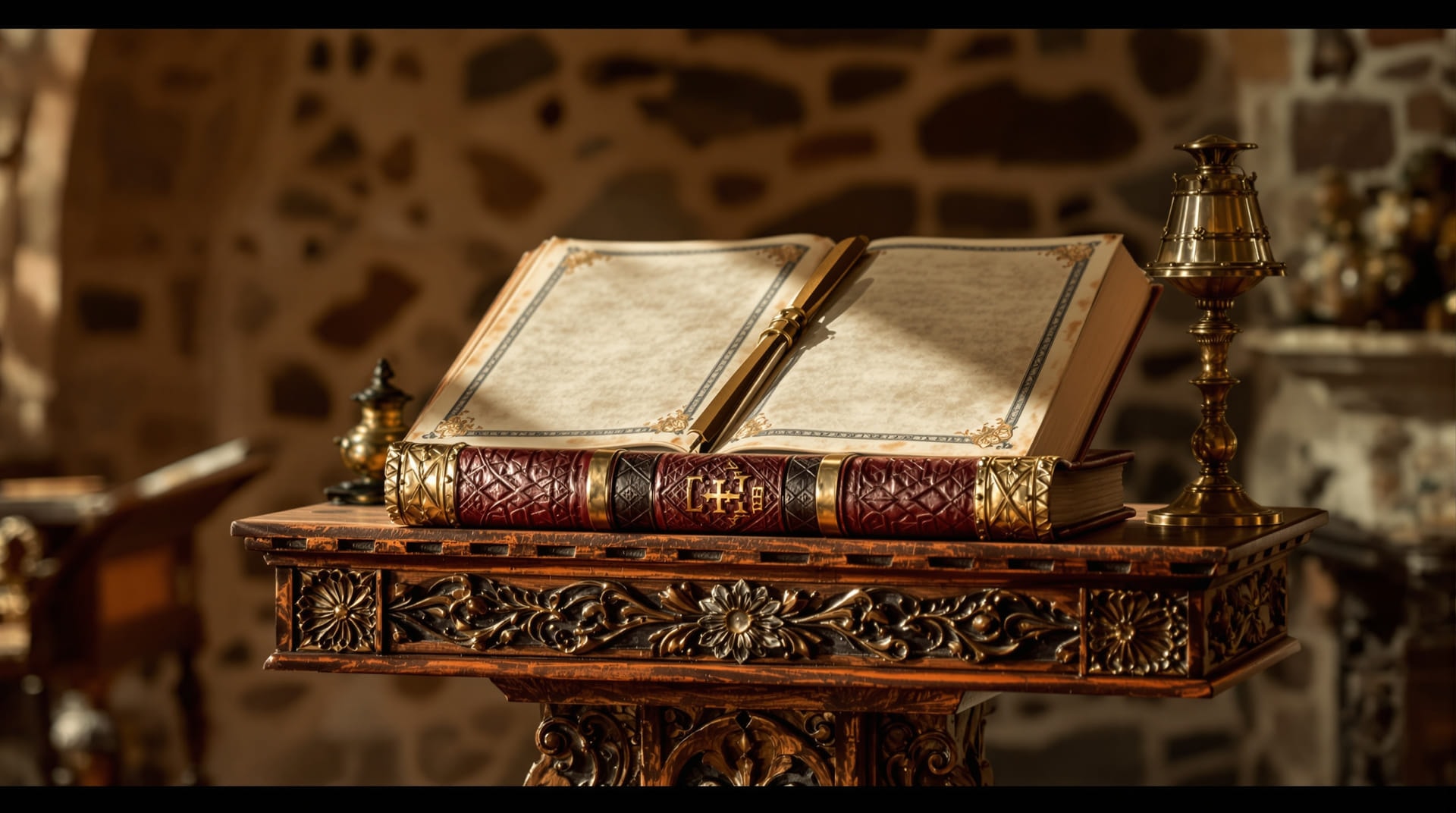 A carved wooden lectern holding a closed leather-bound codex beside a brass oil lamp