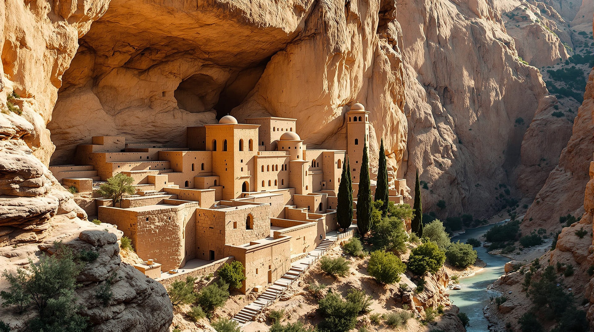 A terraced cliff-side monastery of stone ranges and a square tower built onto ledges in the wall of a desert wadi.