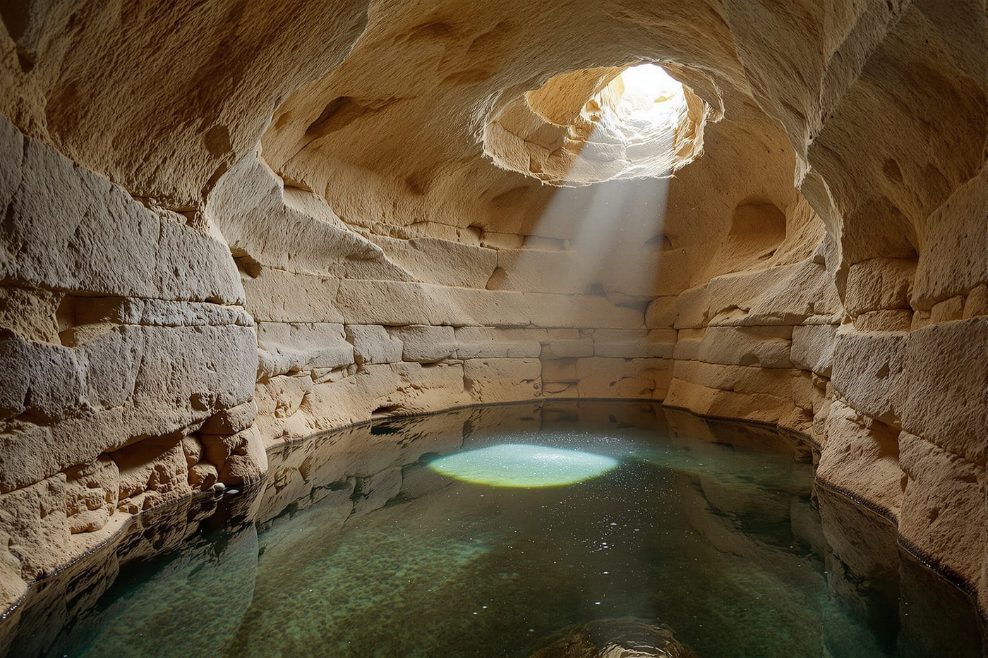 A barrel-vaulted rock-cut cistern lined with hydraulic plaster, with a feeder channel and a shaft of daylight from above.