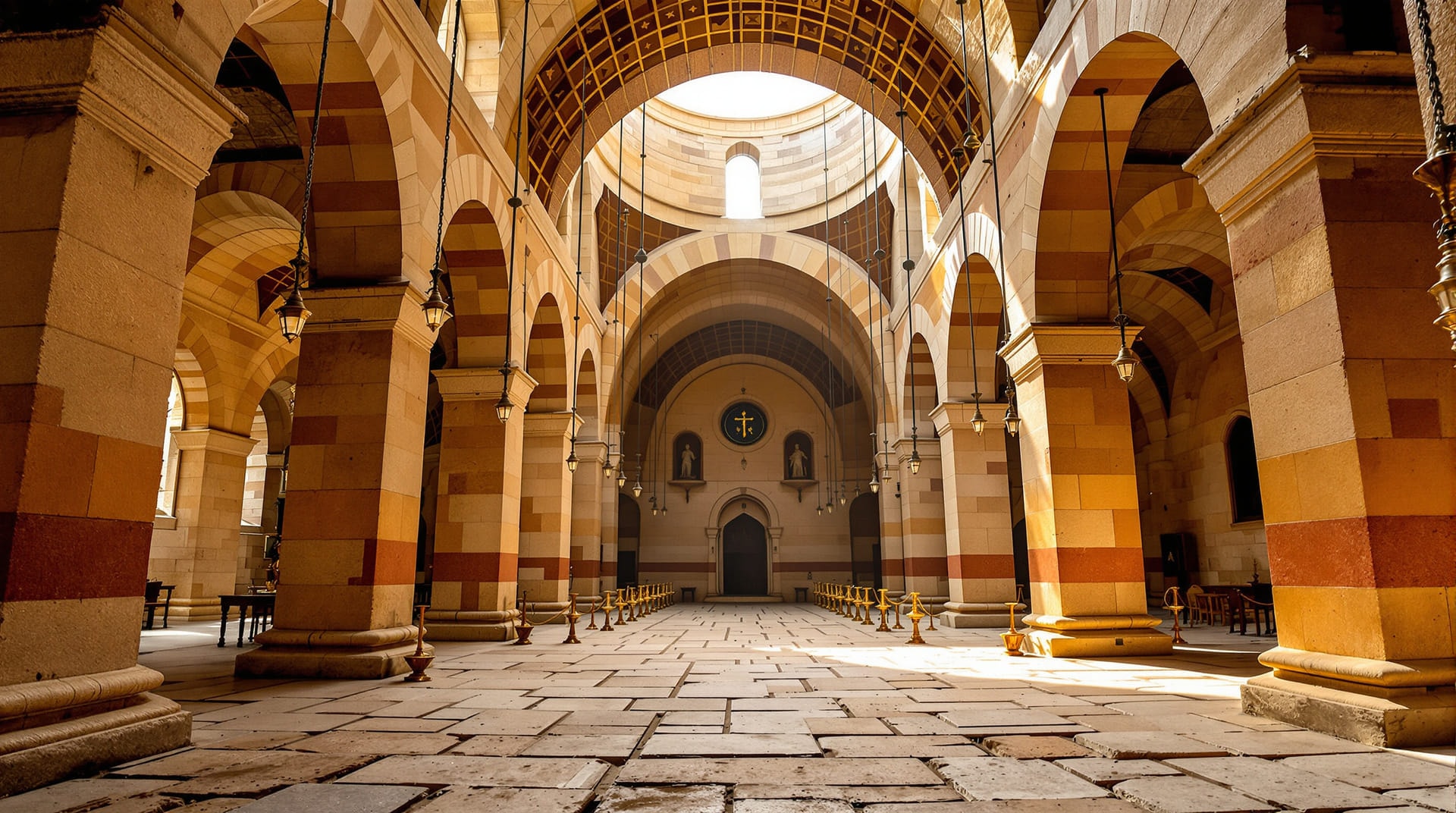 Daylight falling through a shadowed stone vault onto the worn floor of an ancient Holy Land church interior