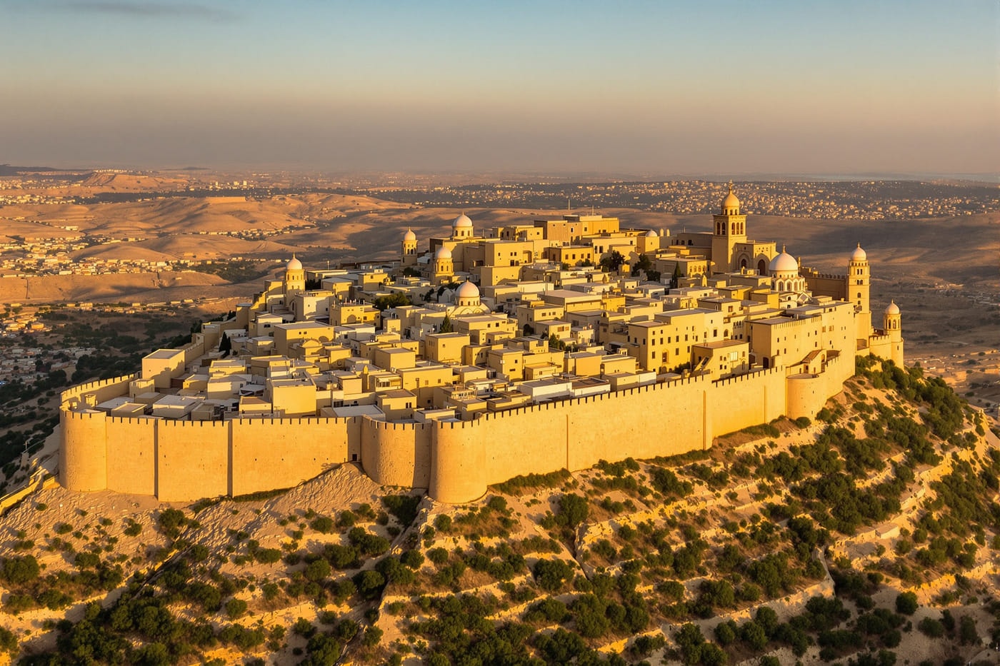 Golden-hour aerial view of a walled limestone city surrounded by terraced valleys