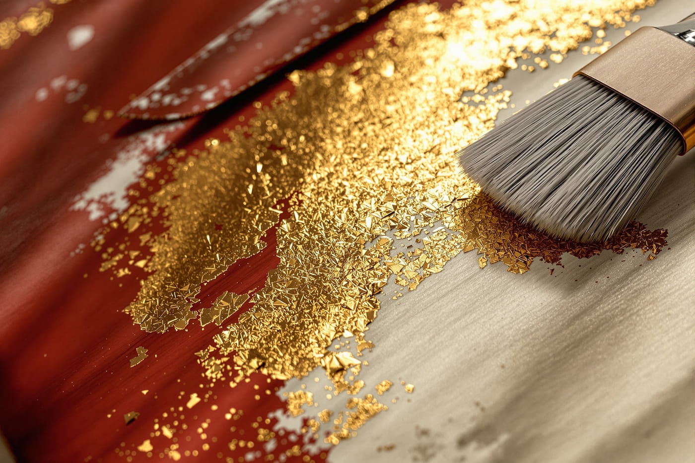 Close-up of burnished gold leaf over a red bole ground meeting bare gesso on a wooden panel.
