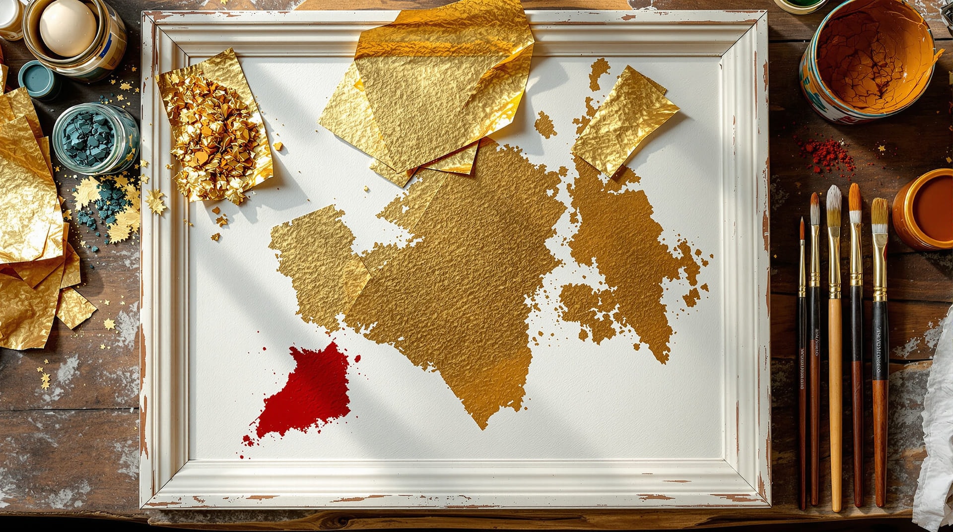 An icon painter's bench with a gessoed wooden panel, gold leaf, an agate burnisher, jars of dry pigment and fine brushes.