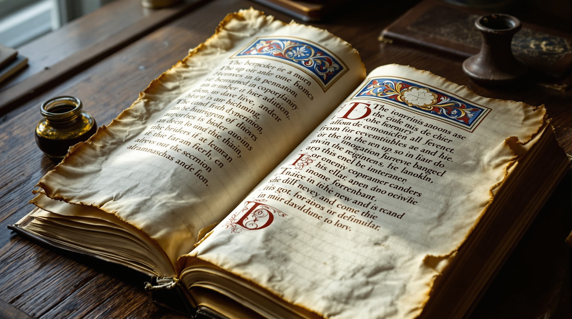 An open parchment codex on a wooden desk showing ruled margins and an ornamental interlace headpiece in red, blue and gold.