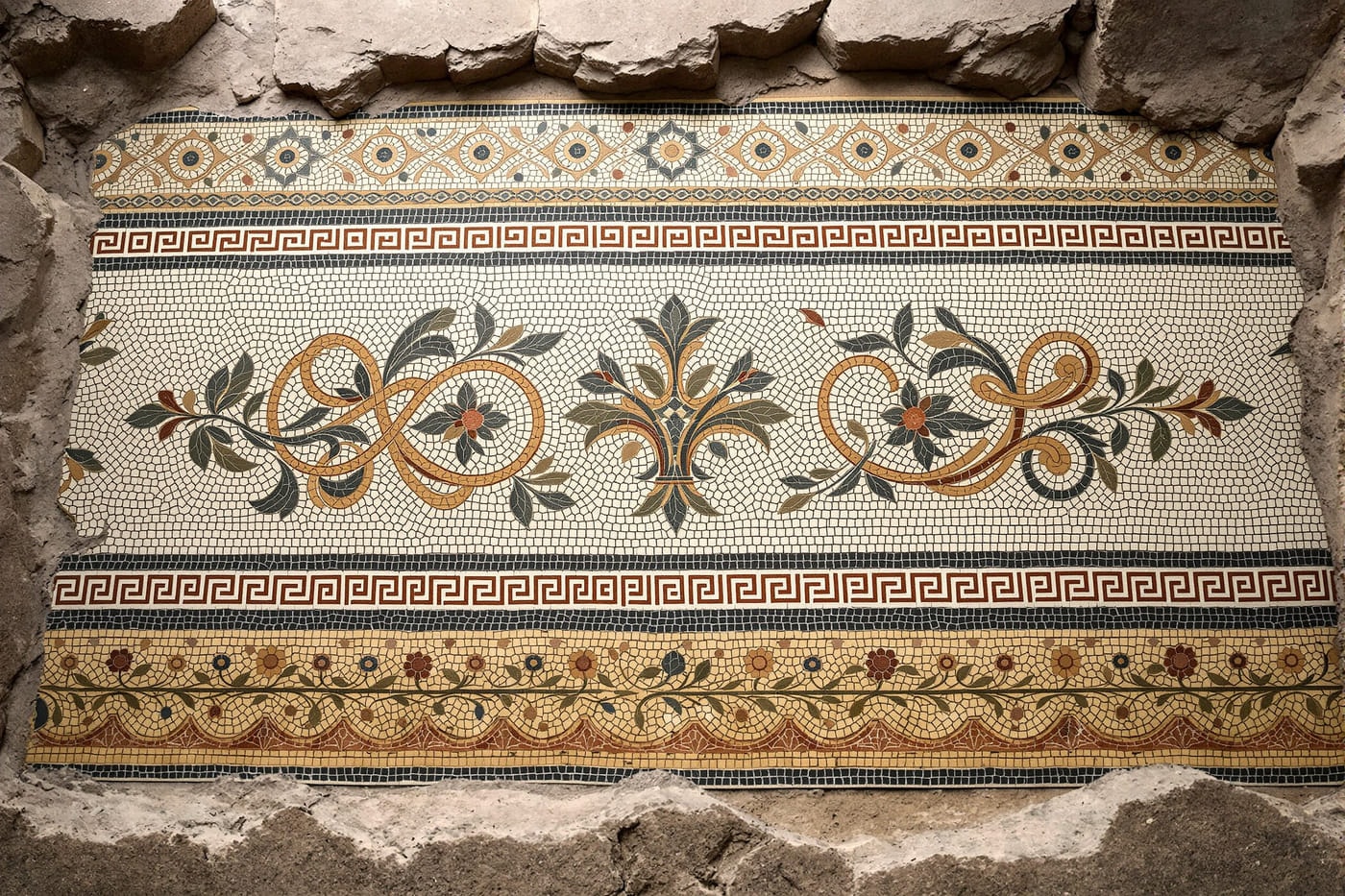 Geometric and floral fourth-century floor mosaic in cream, terracotta and olive tesserae uncovered beneath a church nave