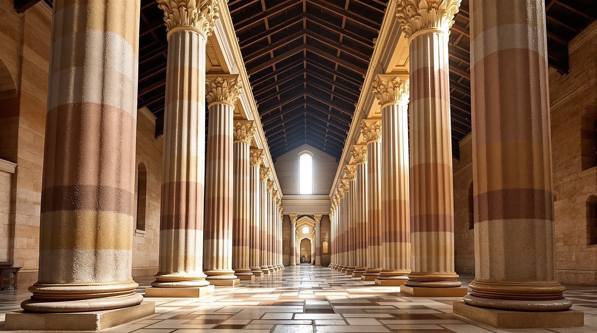 Rows of monolithic columns marching down the nave of an early Christian basilica beneath an open timber roof