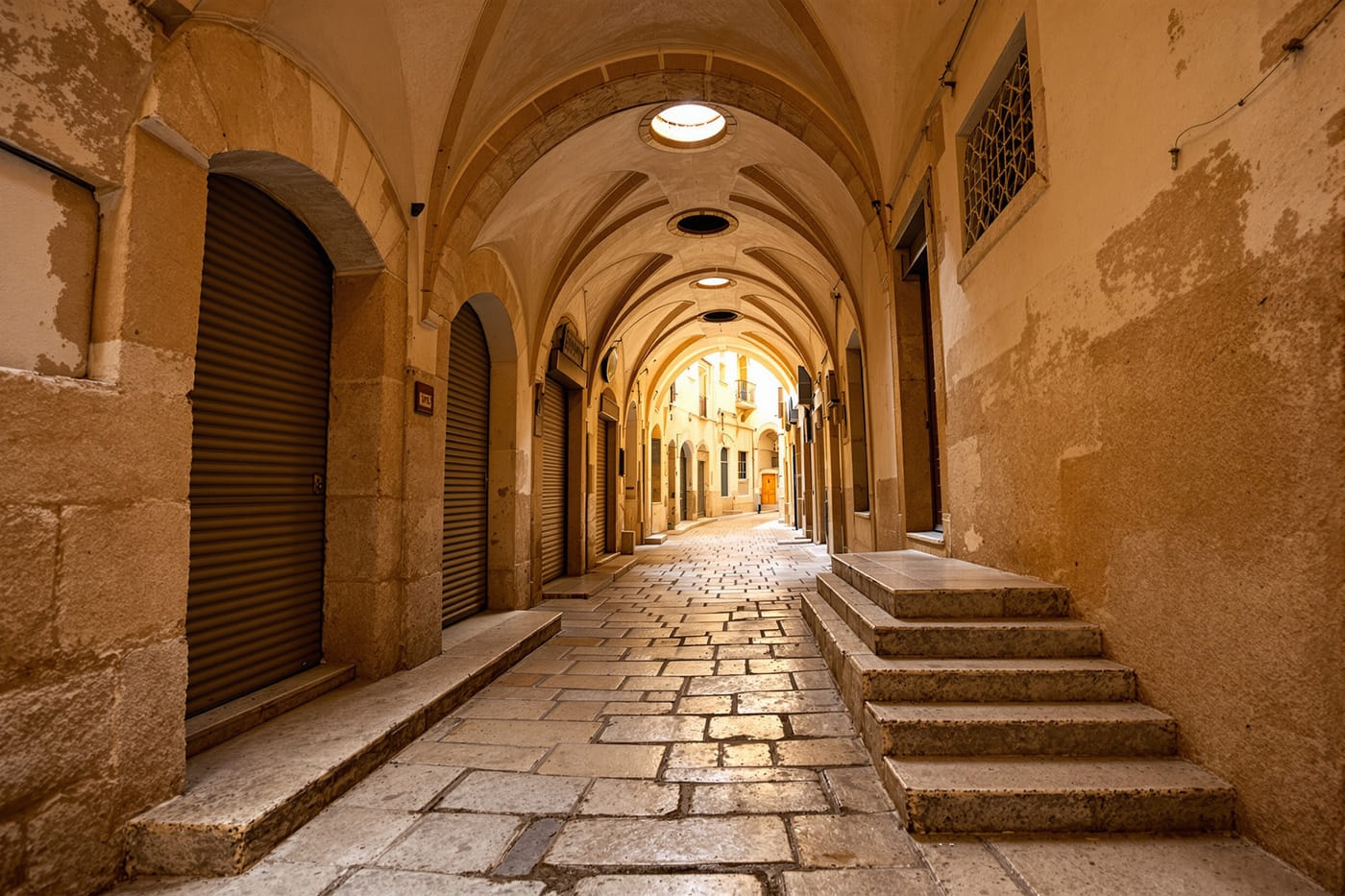 A shaft of light falling across the worn paving of a narrow vaulted stone lane in an old walled city