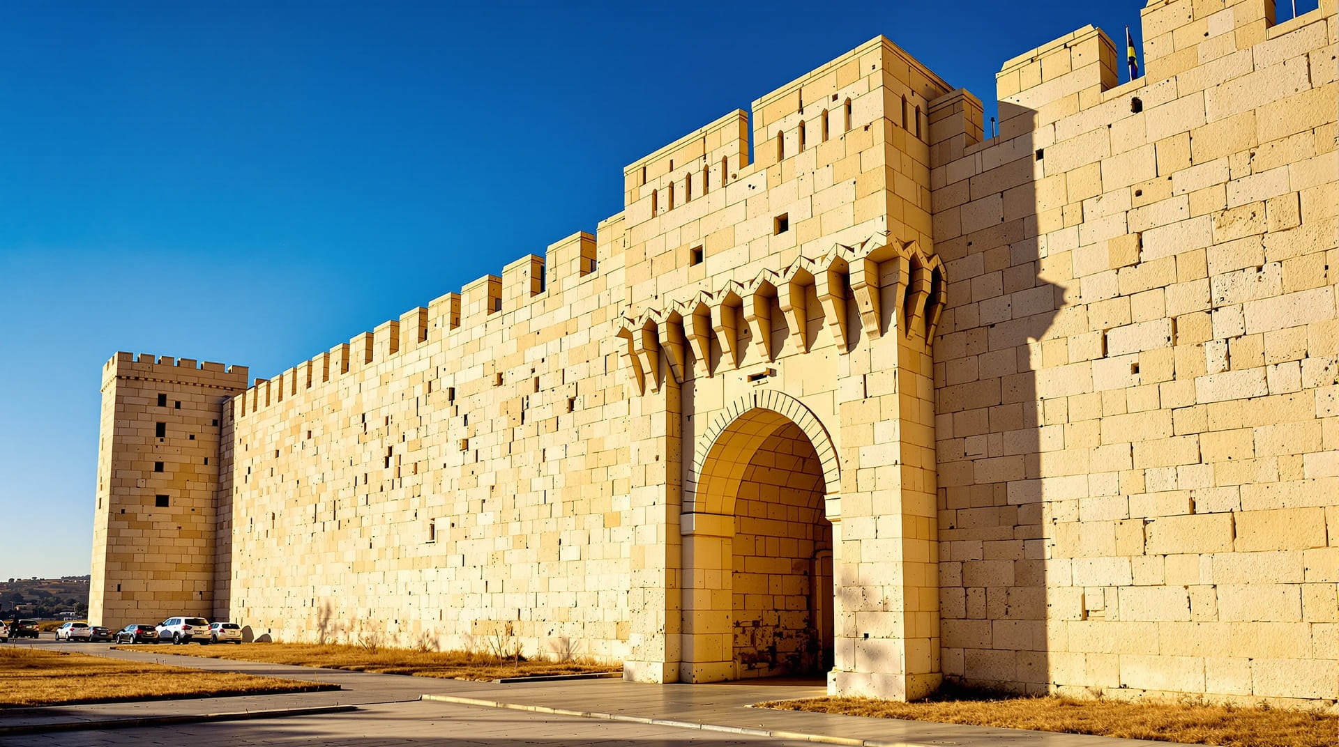 Low sun raking across a sixteenth-century limestone city wall with crenellations, a tower and an arched gateway