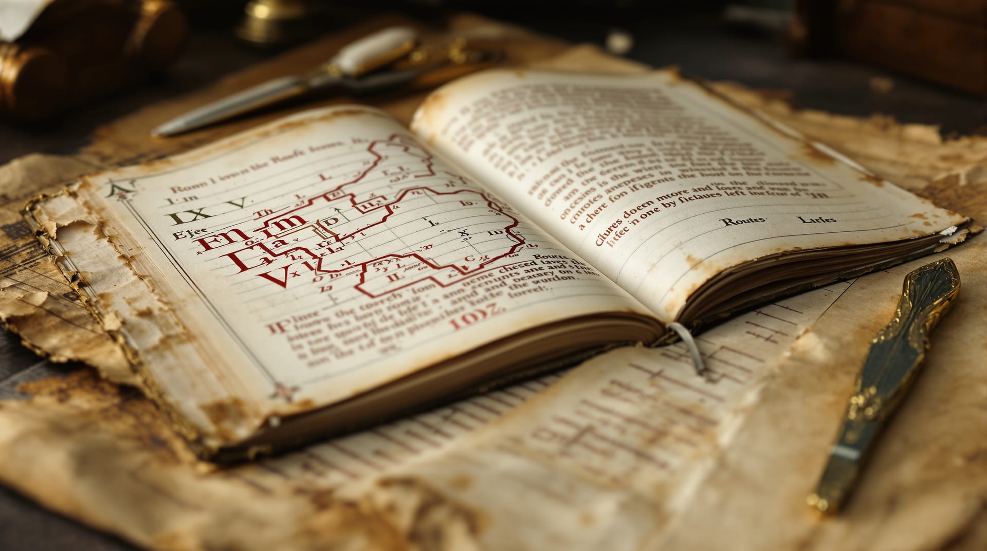A worn medieval itinerary manuscript open on a table, showing a pen-drawn route diagram and a simple schematic plan.