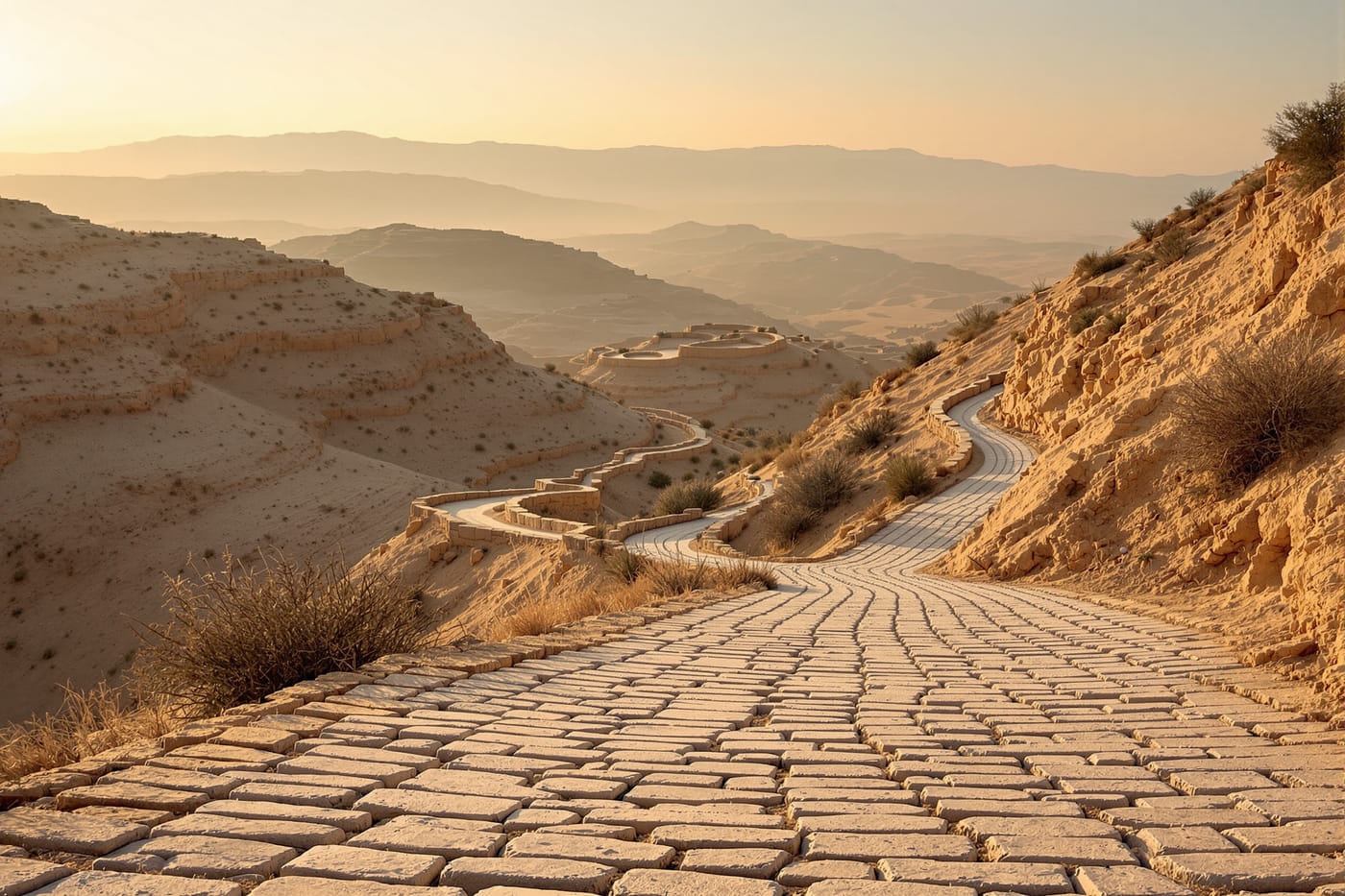An ancient stone-paved road climbing through bare limestone hills in the early morning light.
