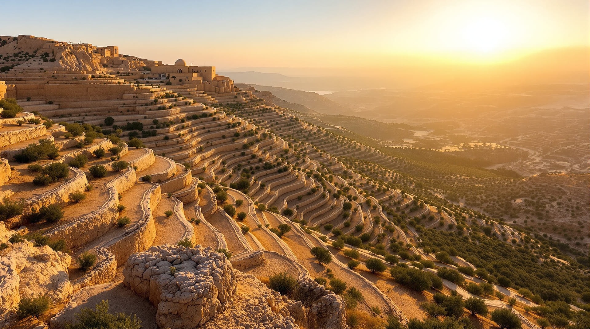 Terraced limestone hills of Judea at golden hour with a distant domed stone complex