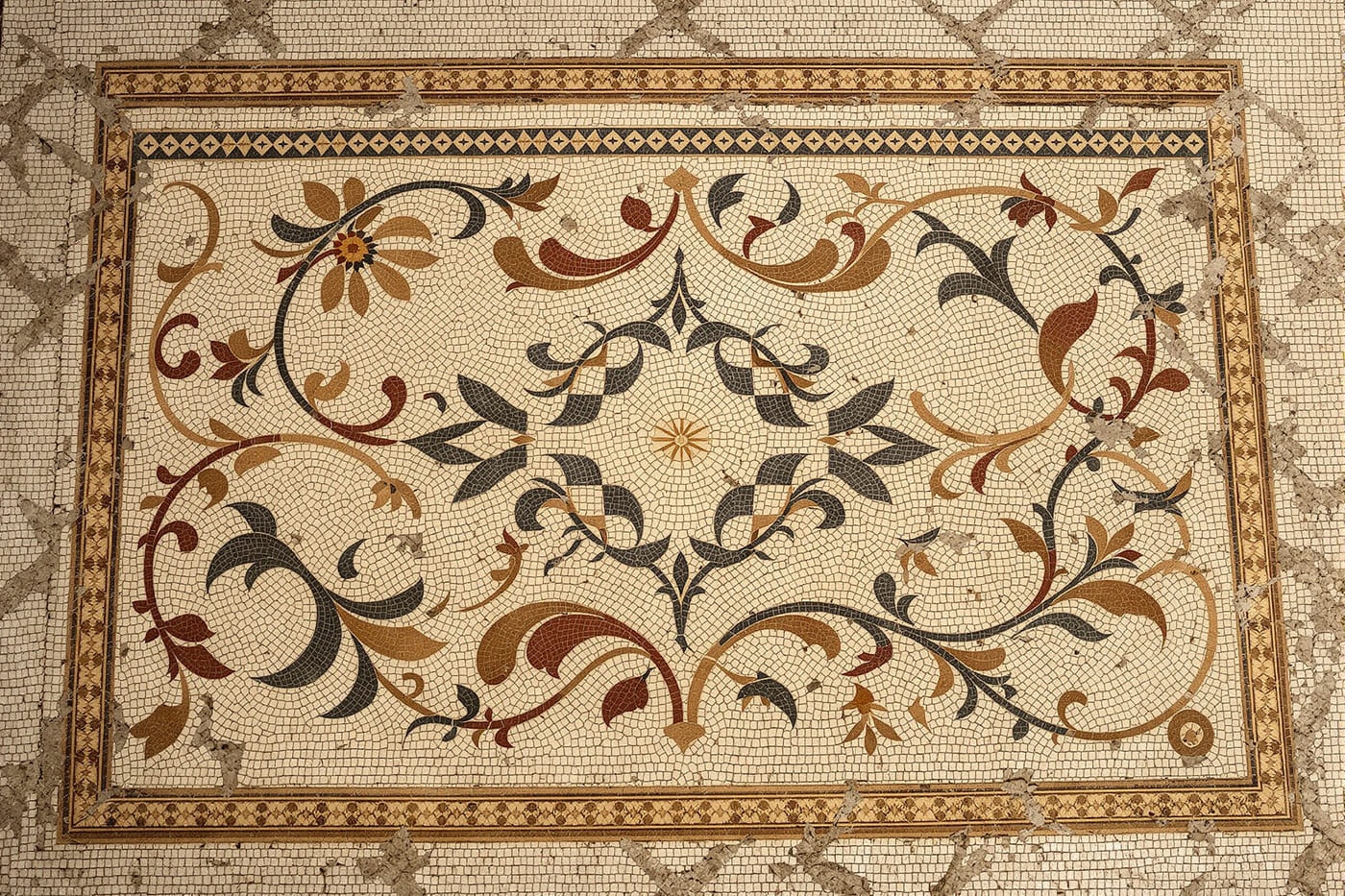 Byzantine mosaic pavement with geometric interlace and stylised floral motifs