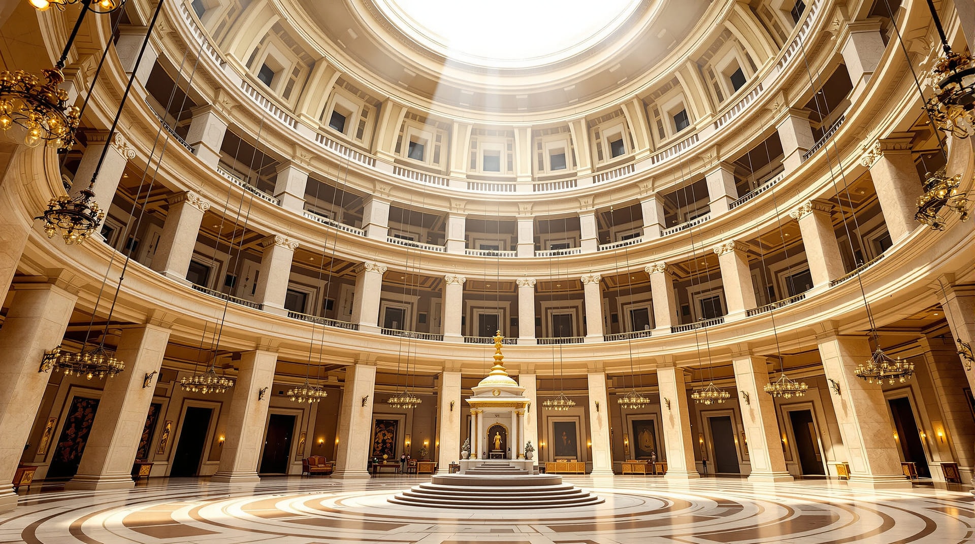 A domed stone rotunda with a central oculus, ringed by piers and hanging oil lamps above a marble shrine structure