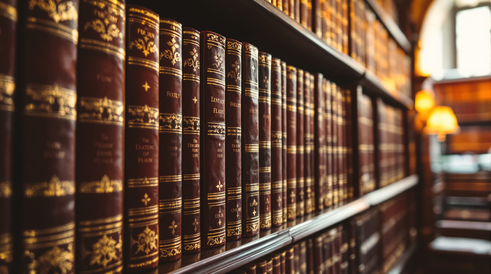 Shelves of worn leather-bound folio volumes in a warmly lit historic reading room