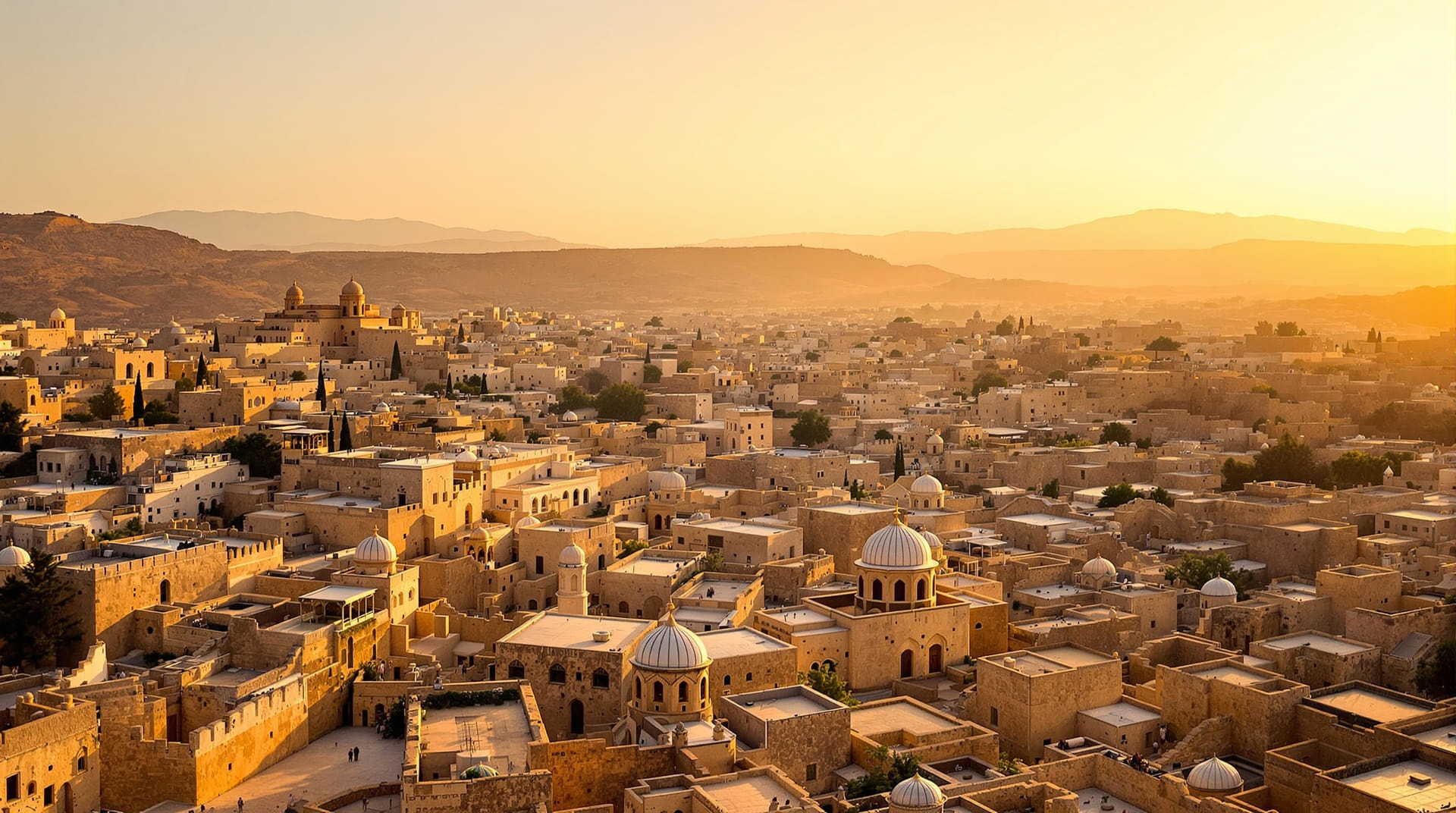 Aerial view over the domes and limestone rooftops of an ancient walled city at golden hour