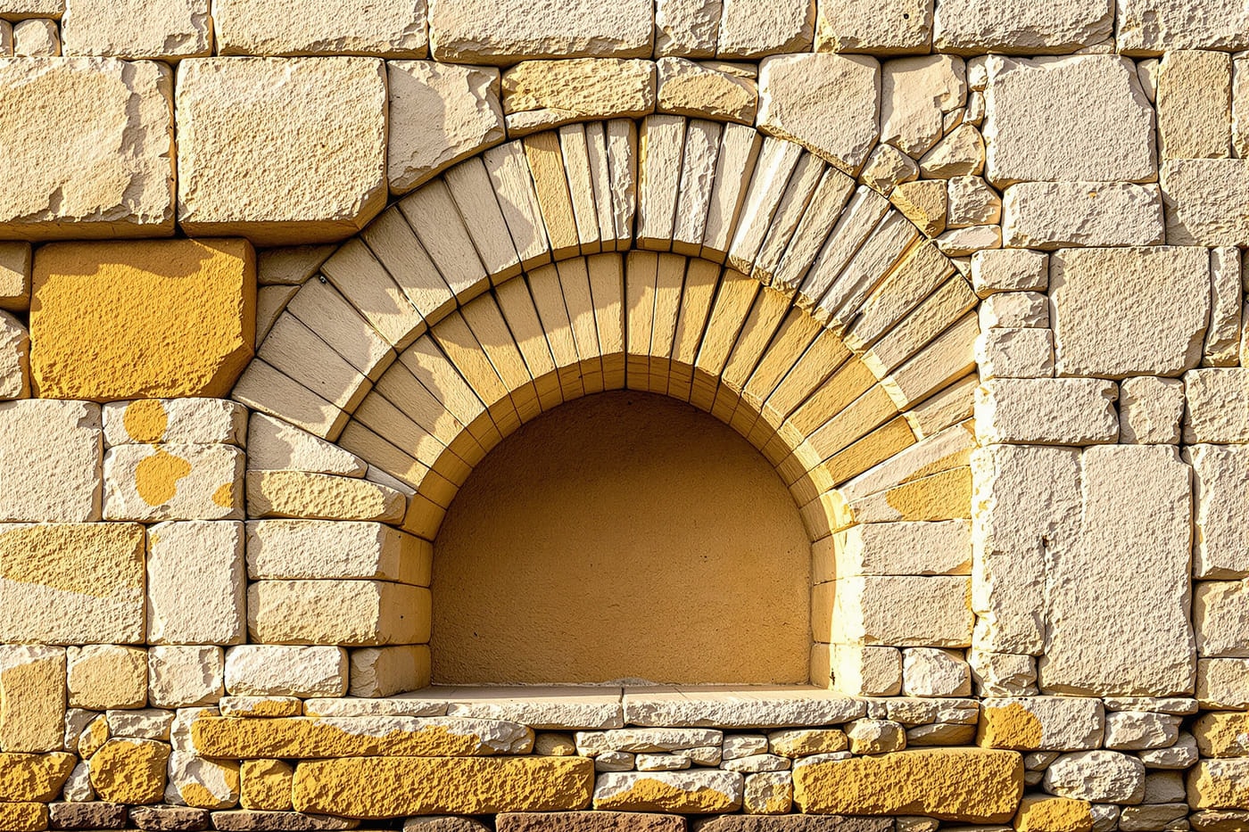 Close view of a limestone wall in which several distinct historical building phases are visible