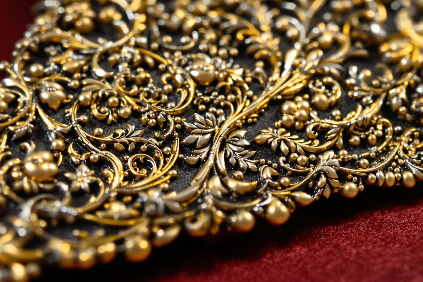 Macro detail of silver-gilt repoussé metalwork with interlace, vine scroll and filigree ornament.